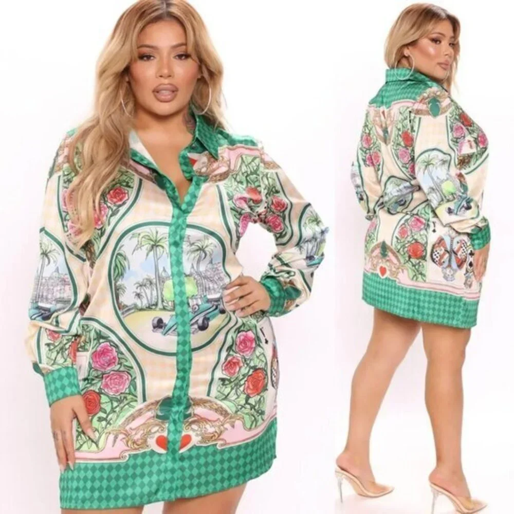 Feeling Lucky Satin Shirt Dress - Green/combo